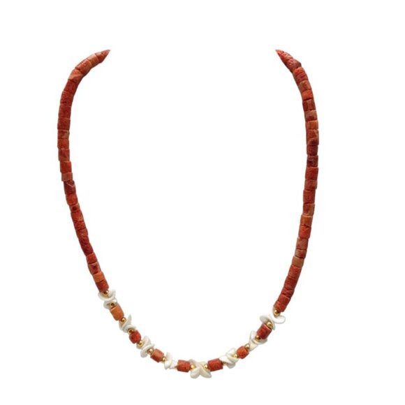 Vintage Red Coral White MOP Shell Beaded Necklace With Metal Clasp - Picture 1 of 6
